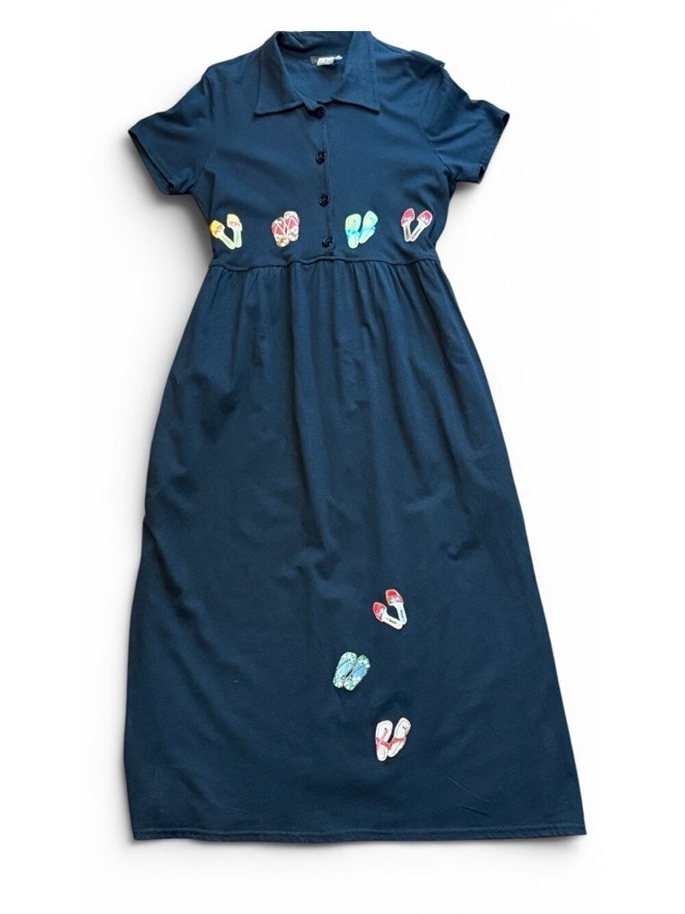 Lapis M Flip Flop Embroidered Midi Dress Black Cotton Beach Coastal Boho